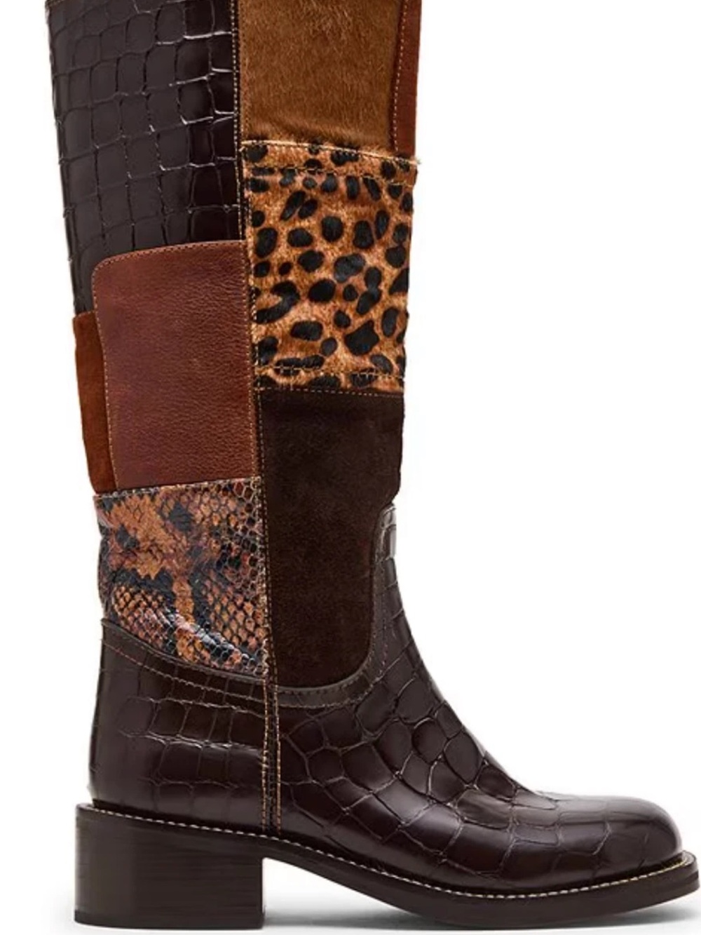 Patchwork Brown Leather & Animal Print Knee Boot